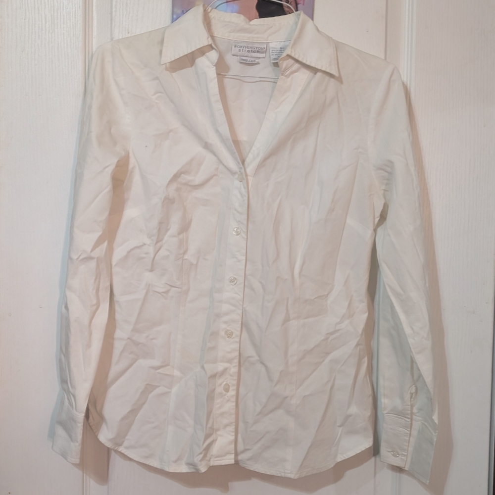 SALE Worthington Stretch White Button Shirt Blouse Cuffed Sleeves Size 6 Women's